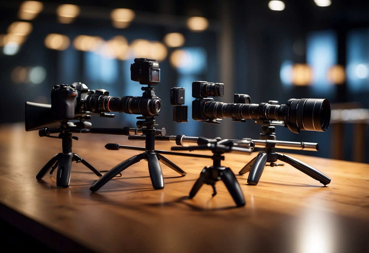 A table with 5 different lightweight photography rods arranged neatly, with a camera and tripod in the background