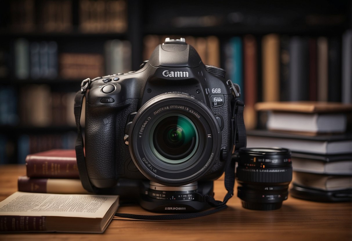 A table with a Gitzo GM5561T photography rod propped up against a stack of books, a camera bag, and a tripod