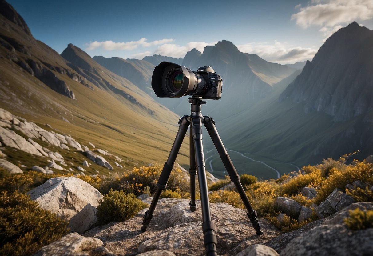 A rugged mountain trail with a camera tripod set up, capturing a breathtaking landscape. The Benro Adventure MAD49A is sturdy and lightweight, perfect for outdoor photography