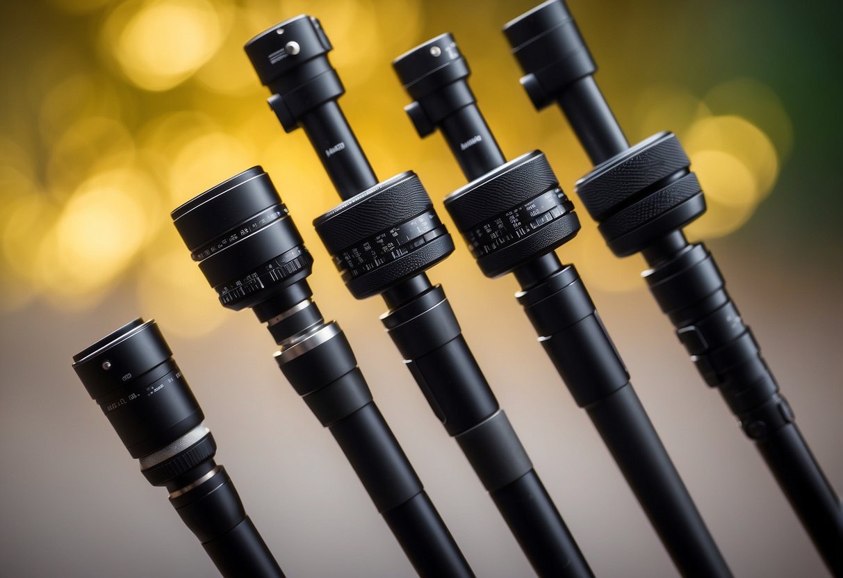 Five lightweight photography rods displayed with key features highlighted