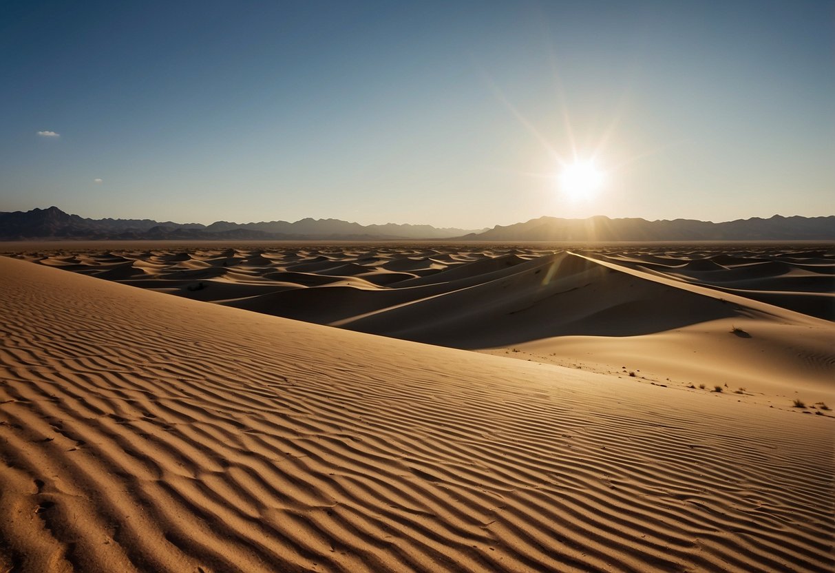 Vast desert landscape with rolling sand dunes, clear blue skies, and sparse vegetation. Sunlight casting long shadows over the rugged terrain