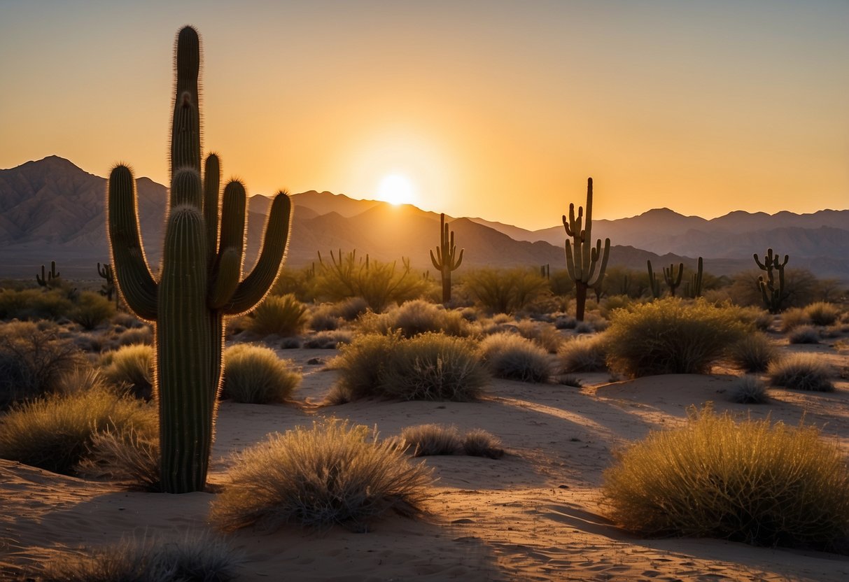 Golden hour at desert dunes, cacti silhouettes against vibrant sky, winding dry riverbed, rugged rock formations, and a lone saguaro at sunset