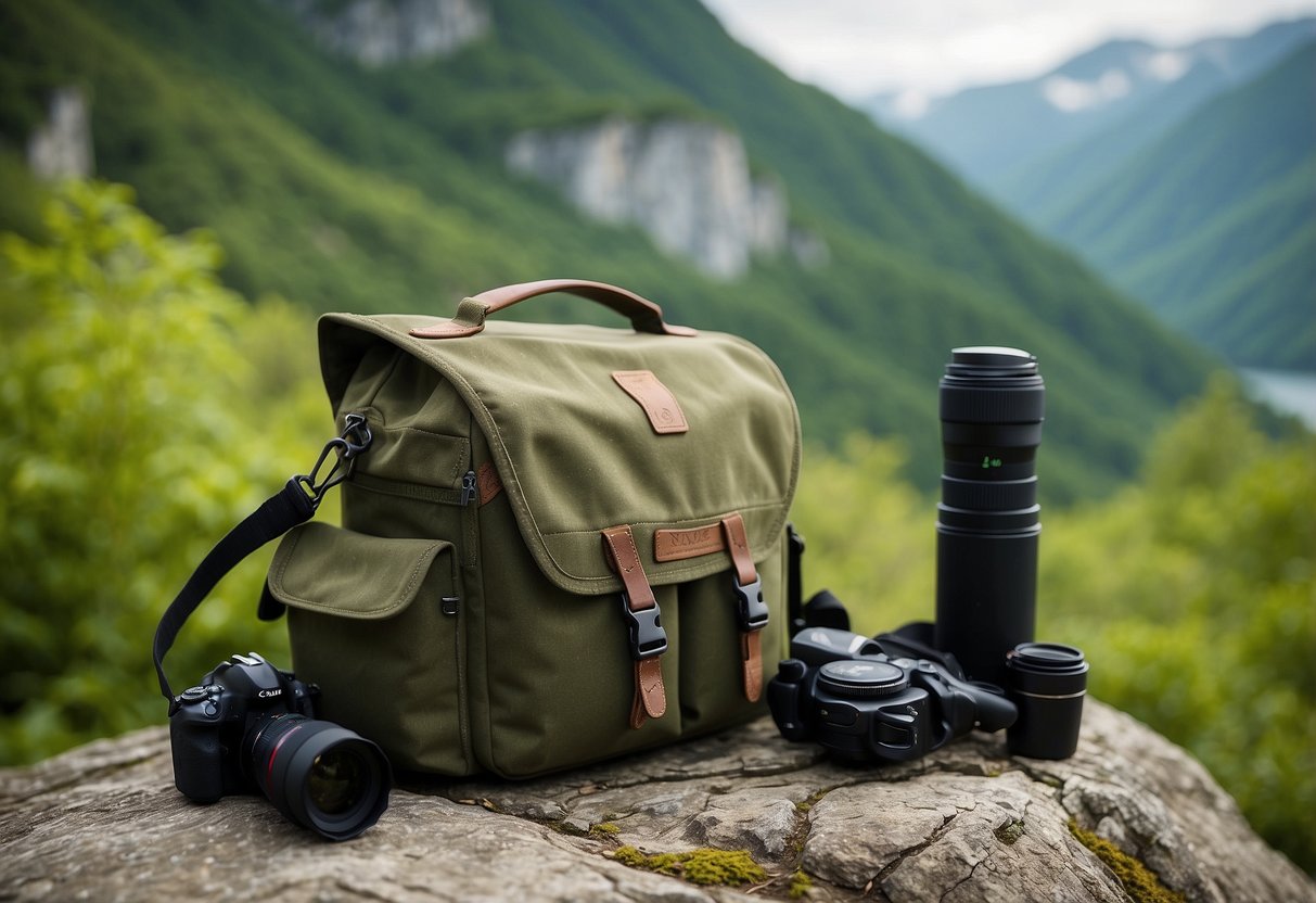 A camera bag sits open on a rocky ledge, surrounded by lush greenery. A map and compass lay next to it, with a pair of binoculars and a water bottle nearby