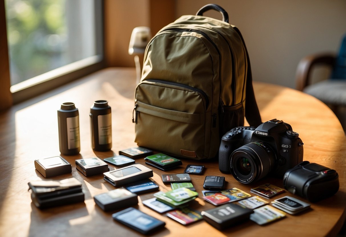 Multiple memory cards scattered on a table next to a camera and a map. A backpack and a water bottle sit nearby. The sun shines through a window, casting a warm glow on the scene