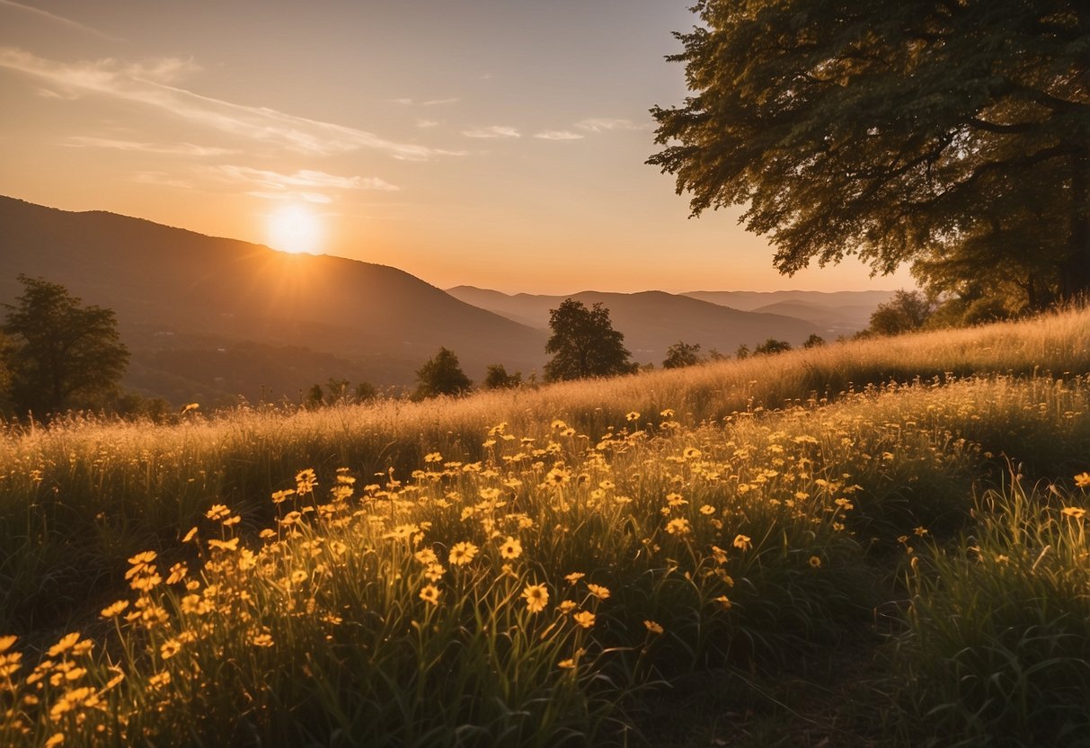 The sun rises over a serene landscape, casting a warm, golden light on the tranquil scene. The soft, early morning glow enhances the natural beauty, creating the perfect setting for a peaceful photography trip