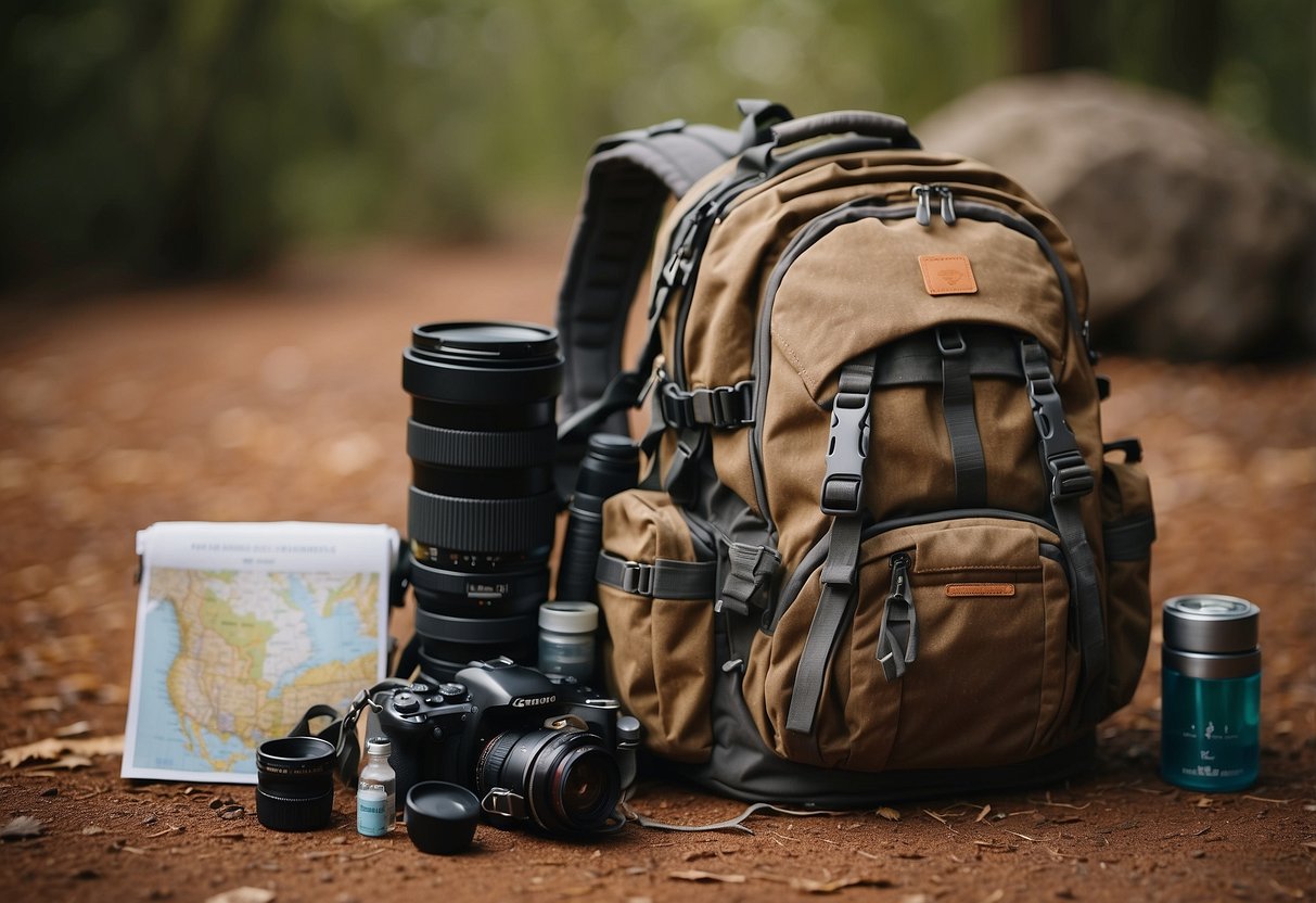 A photographer's backpack open on the ground, with camera gear neatly organized inside. A map and guidebook lay nearby, along with a water bottle and healthy snacks