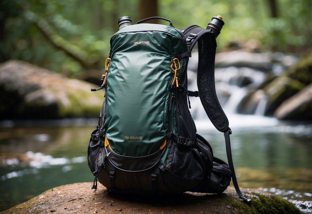 A platypus Big Zip EVO 5 hydration system attached to a backpack, surrounded by nature photography equipment