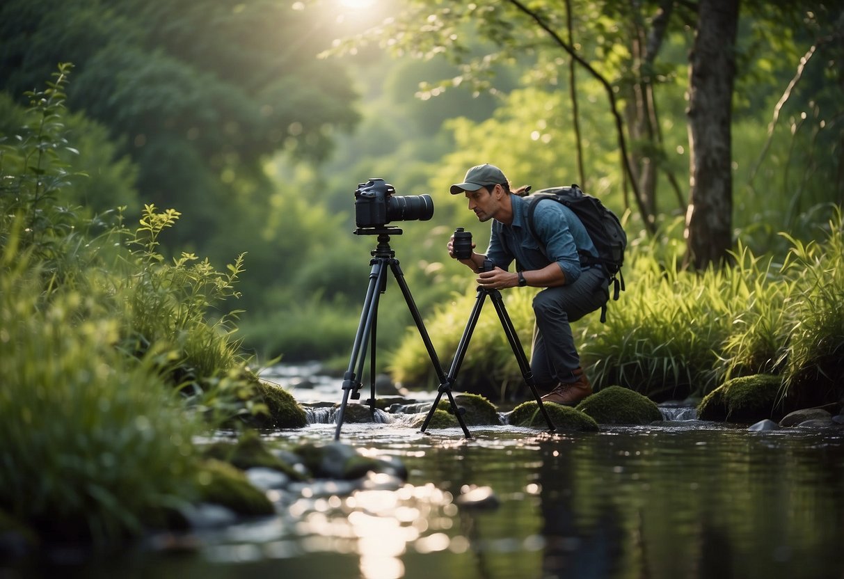 A nature photographer sets up a tripod by a tranquil stream, with a hydration system nearby. The lush greenery and wildlife create a serene backdrop for capturing the beauty of nature