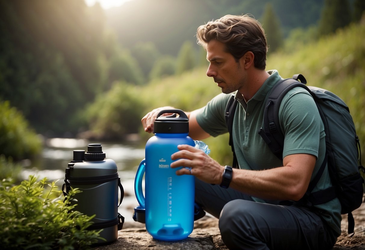 A nature photographer unpacks a hydration system, featuring a durable backpack with multiple compartments and a built-in water reservoir, alongside a flexible drinking tube and ergonomic bite valve for easy access on the go