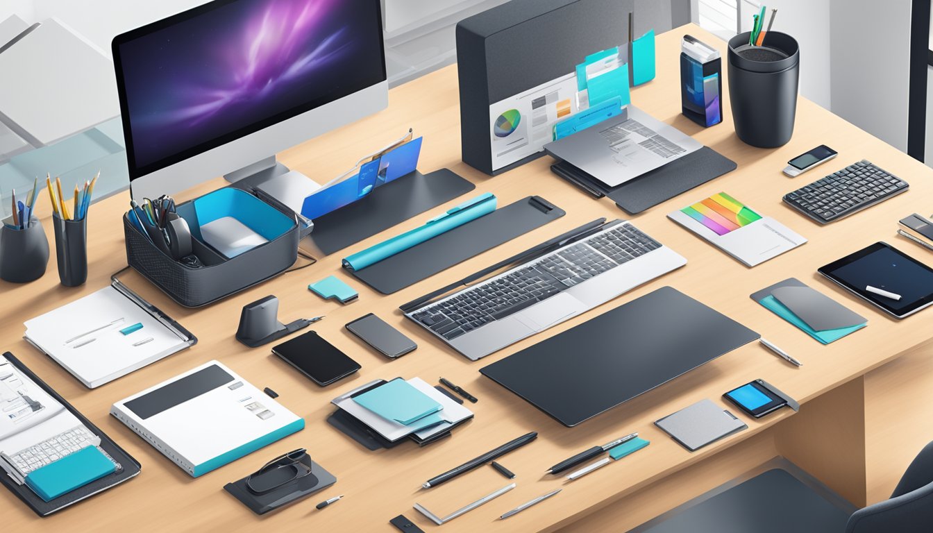 A sleek office desk with branded corporate gifts neatly arranged, including pens, notebooks, and tech gadgets