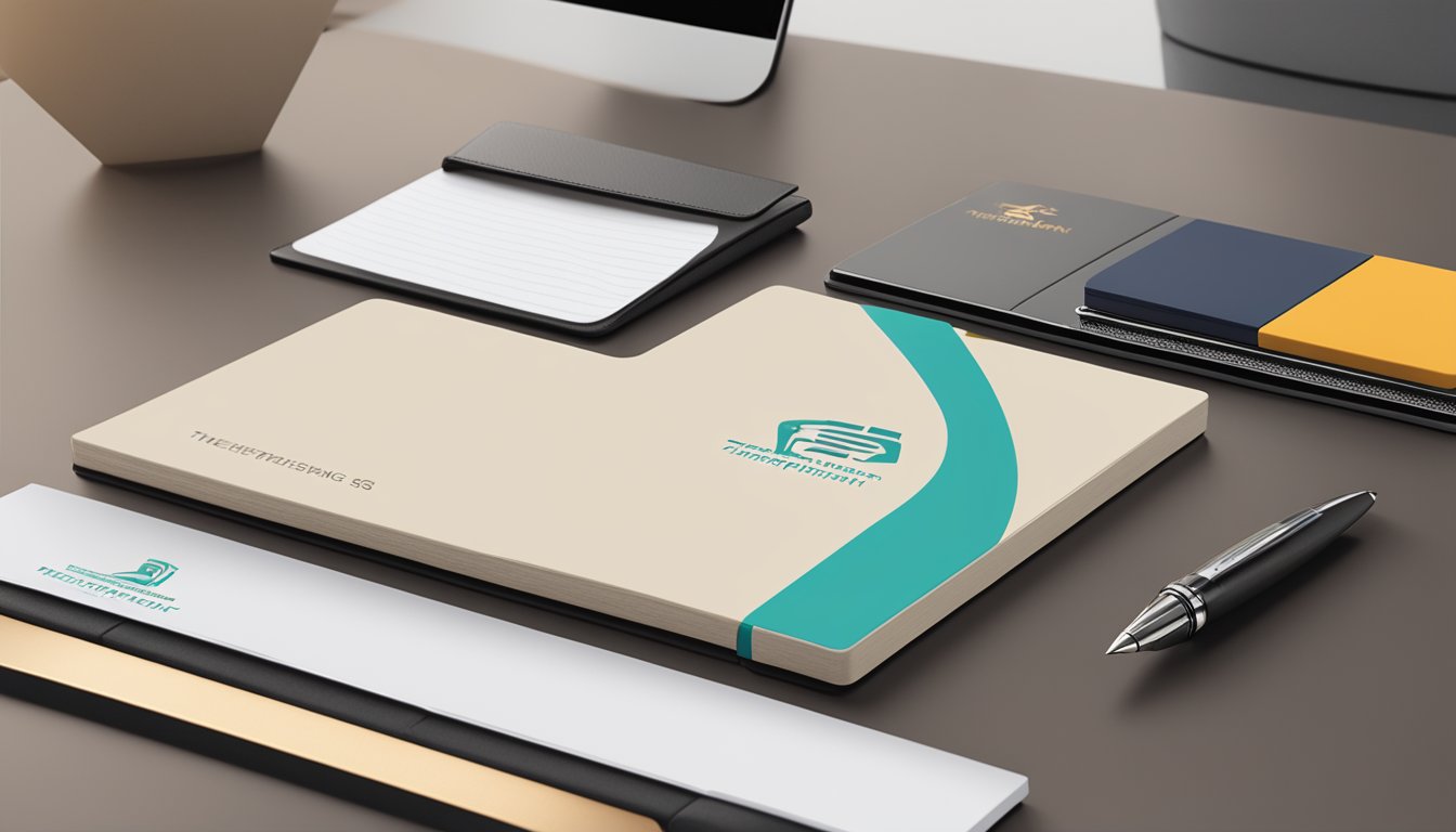 A sleek office desk with a branded pen set, leather notebook, and elegant business card holder, all featuring TheImprint.sg logo
