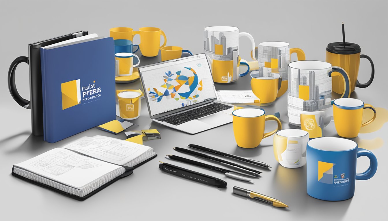 A table displaying a variety of corporate gifts, including custom-printed mugs, notebooks, and pens, with TheImprint.sg logo prominently featured