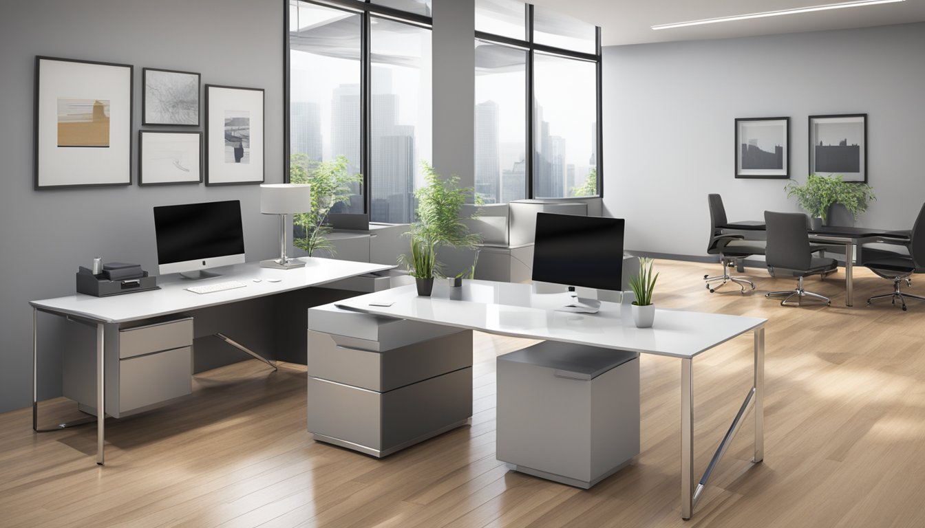 A sleek, modern office desk with a personalized, high-quality corporate gift displayed prominently. The gift exudes craftsmanship and attention to detail, reflecting TheImprint.sg's commitment to quality