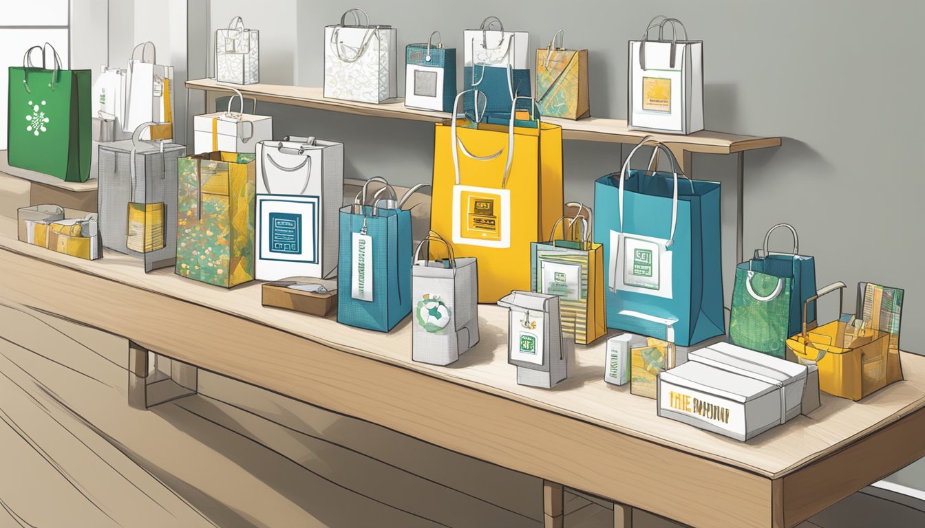 A table displays various corporate gifts with price tags. A banner reads "TheImprint.sg Corporate Gifts Review" above the display