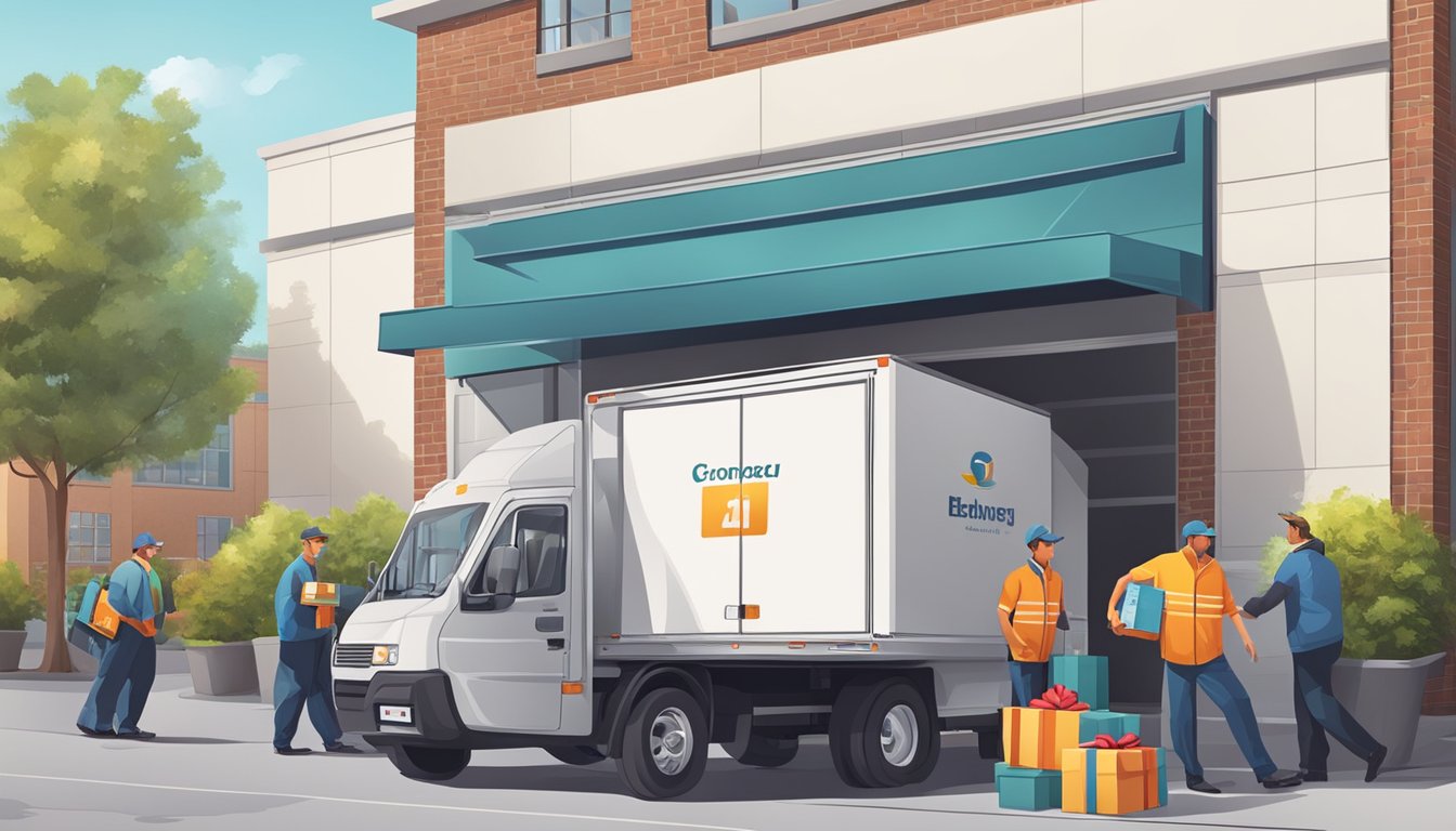 A delivery truck parked outside a corporate office, with workers unloading boxes of branded gifts