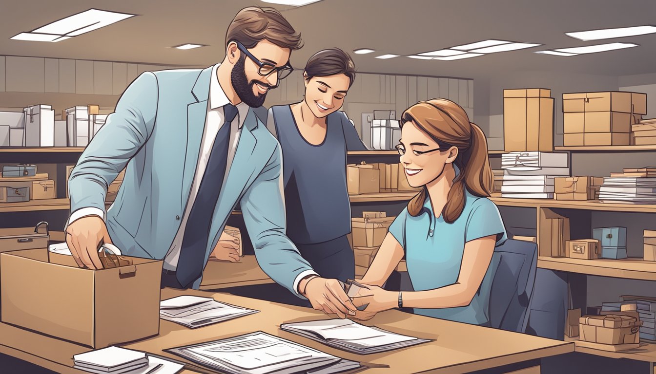 A customer service representative assists a client with corporate gifts, surrounded by branded merchandise and a positive review