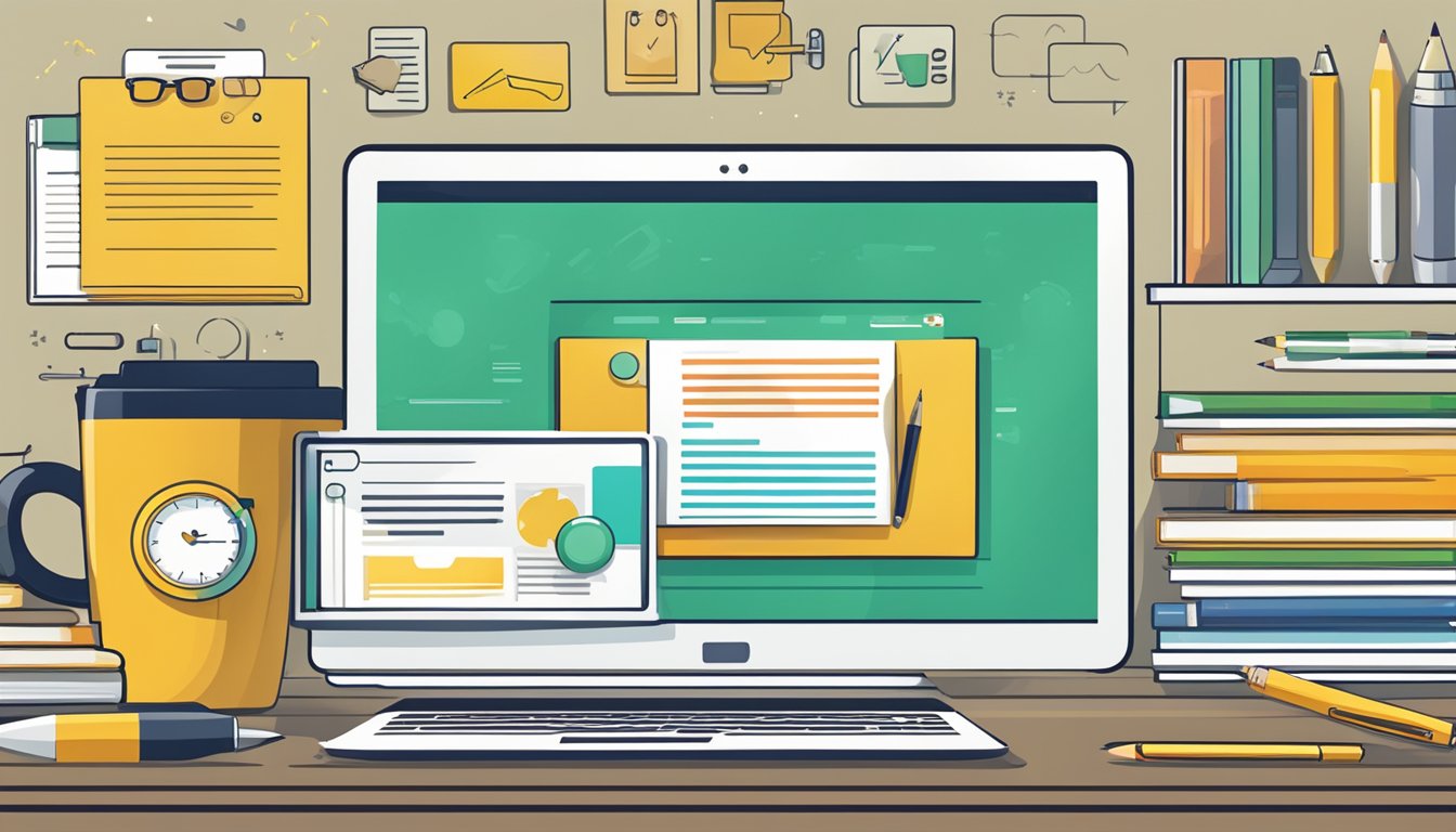 A collection of positive customer testimonials and reviews displayed on a digital screen, surrounded by various corporate gift items such as pens, notebooks, and mugs