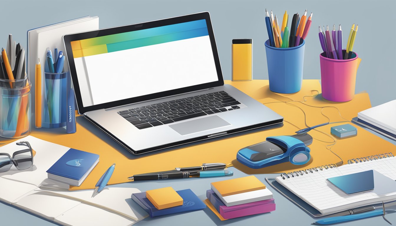 A table adorned with various corporate gifts, including branded pens, notebooks, and tech accessories. A company logo is prominently displayed on the items