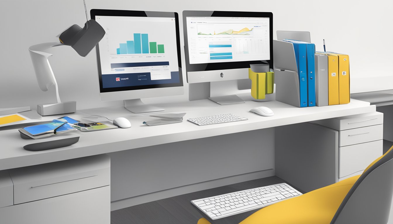 A sleek office desk with a laptop, pen, and branded merchandise from GiftMarket.com.sg. The company's logo is prominently displayed on the items