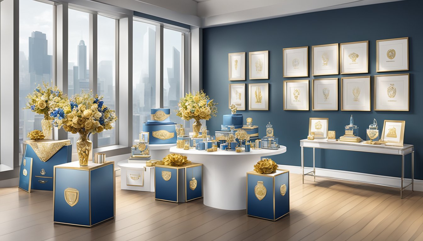 A table adorned with a variety of corporate gifts, including branded merchandise, luxury items, and personalized awards, displayed in an elegant showroom setting