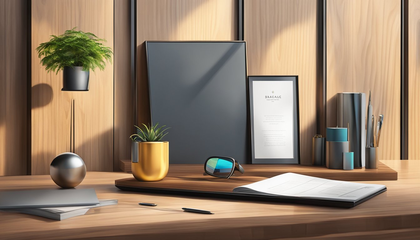 A sleek and modern corporate gift sits on a polished wooden desk, catching the light to showcase its quality and craftsmanship