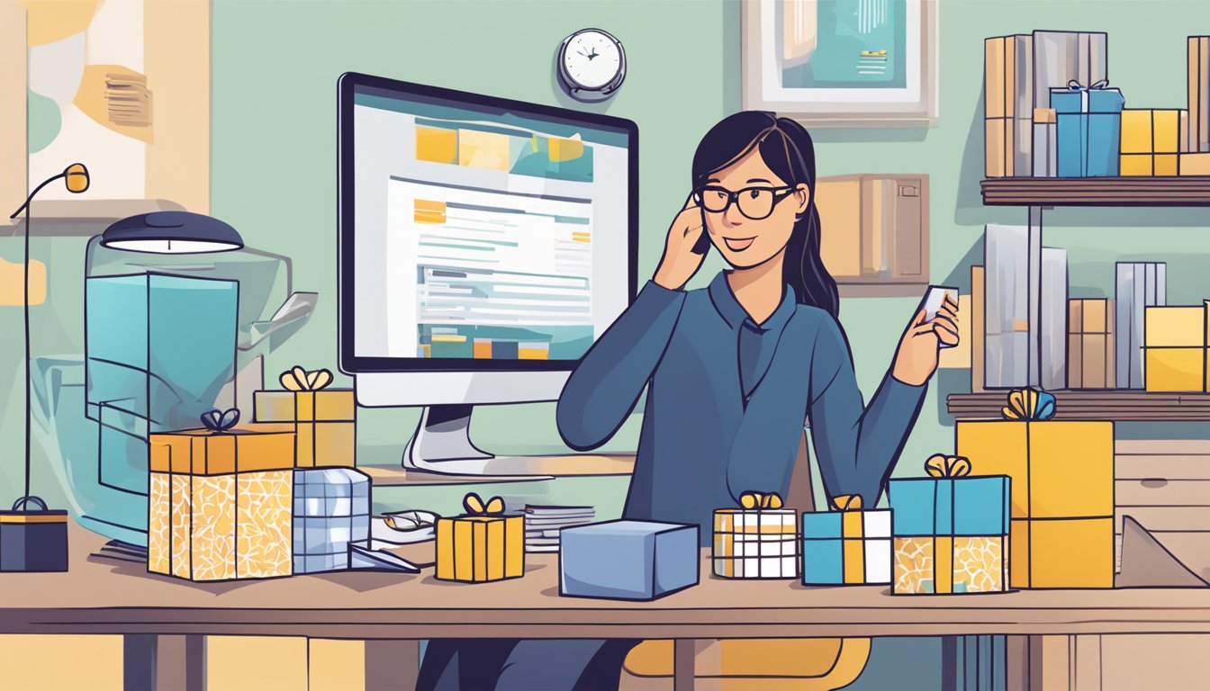 A customer service representative reviews corporate gifts on GiftMarket.com.sg, surrounded by gift samples and a computer screen displaying the website