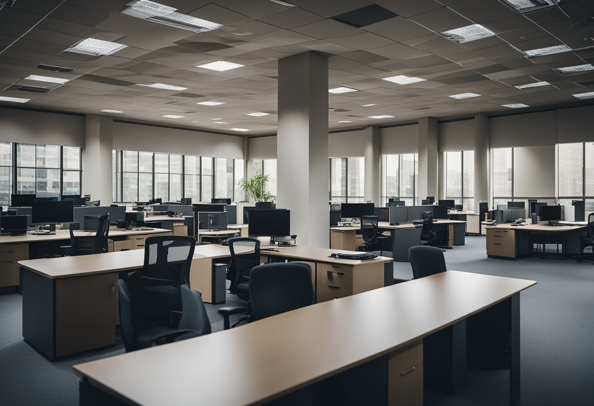 A deserted office building with empty desks and abandoned computers, symbolizing the impact of COVID-19 on the asset management industry