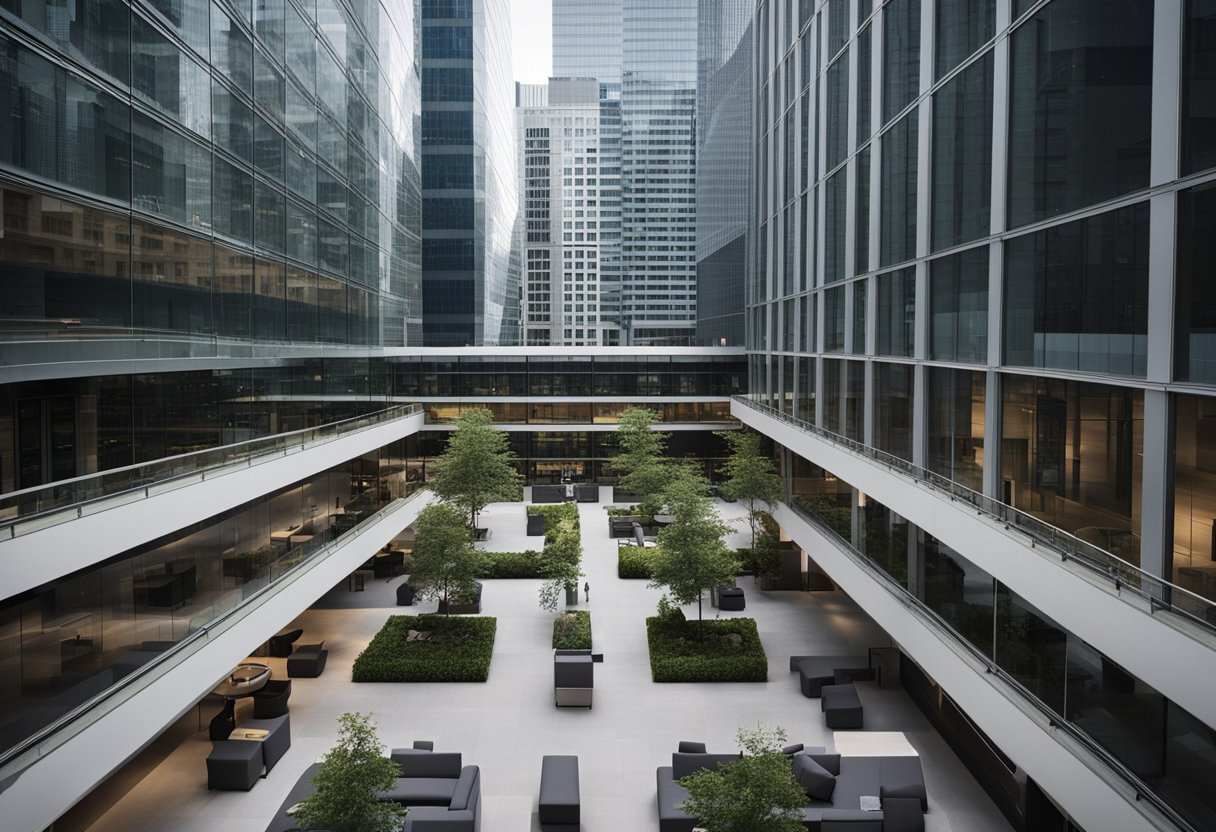 A bustling financial district with empty office buildings and a deserted trading floor, symbolizing the impact of COVID-19 on the asset management industry