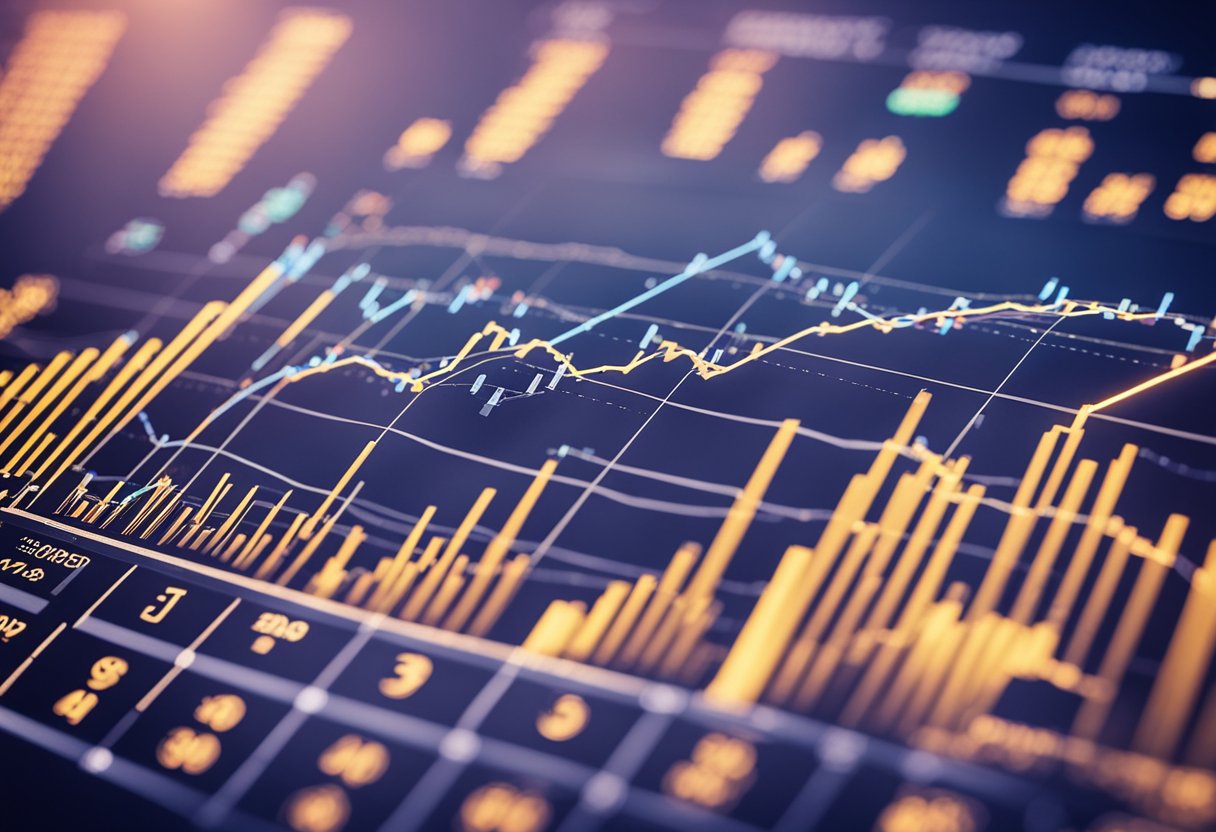 Financial data charts show a decline in asset management industry performance due to COVID-19. Market dynamics are reflected in fluctuating graphs and charts