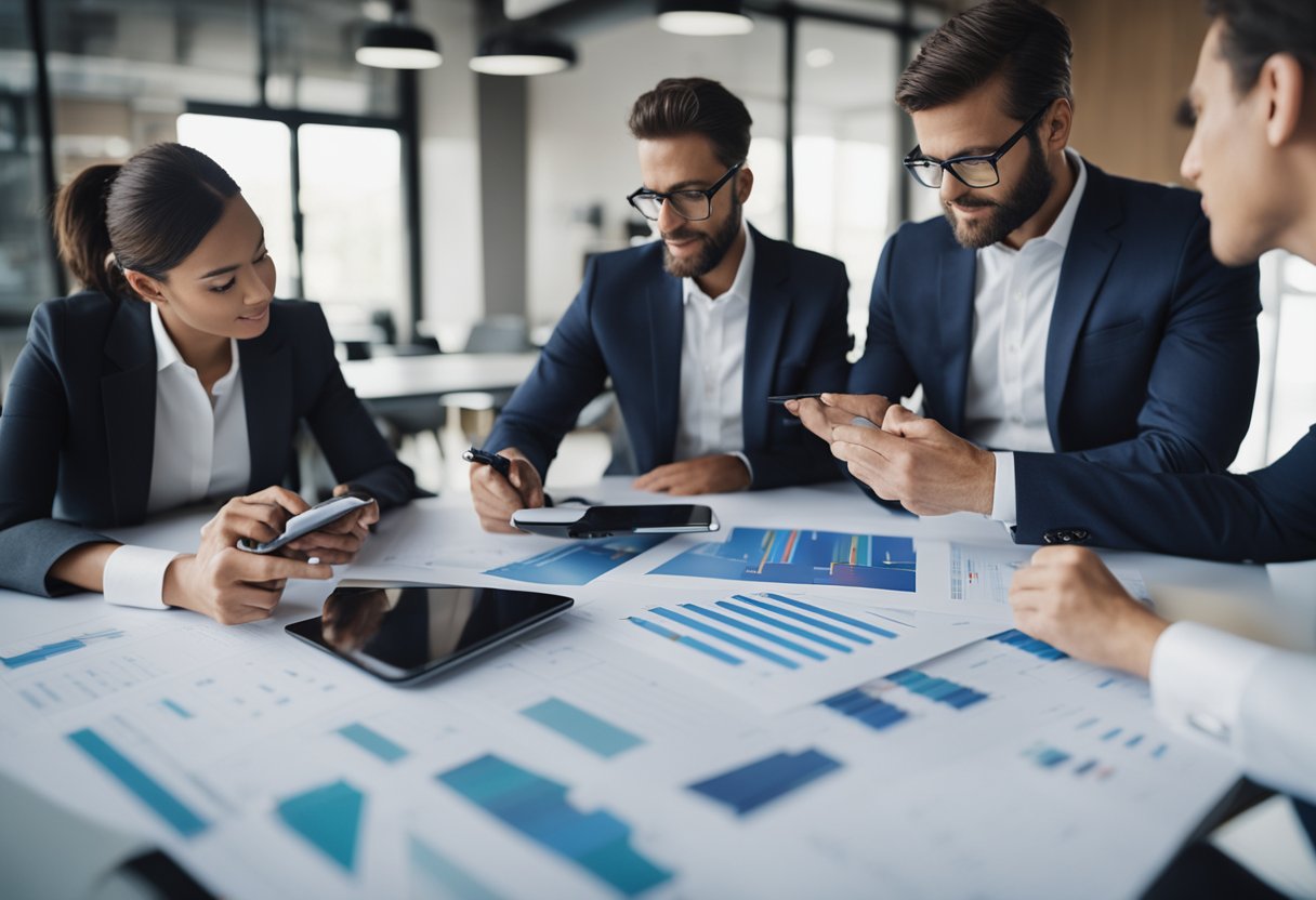 A group of financial professionals brainstorming with charts and graphs, adapting to new strategies amidst the impact of COVID-19 on the asset management industry
