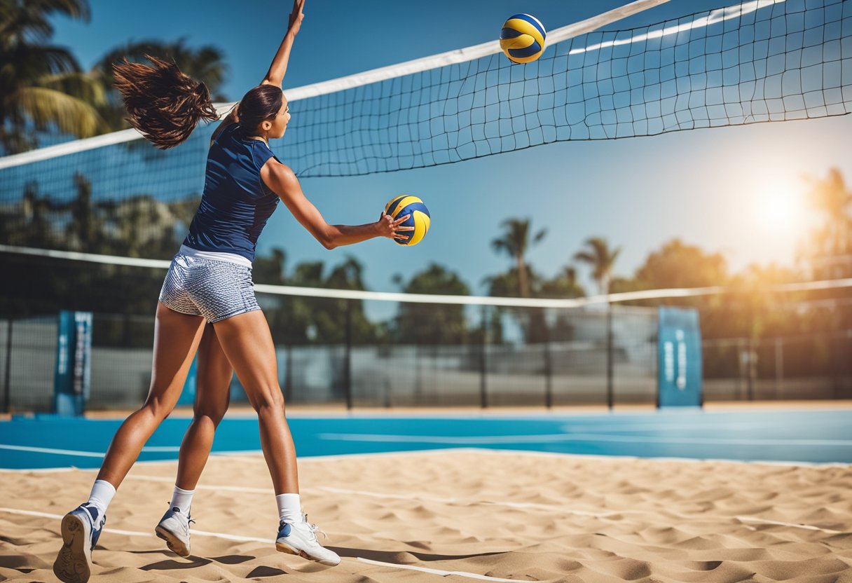 A volleyball is set with precision, as the setter jumps and extends their arms to position the ball for a spike