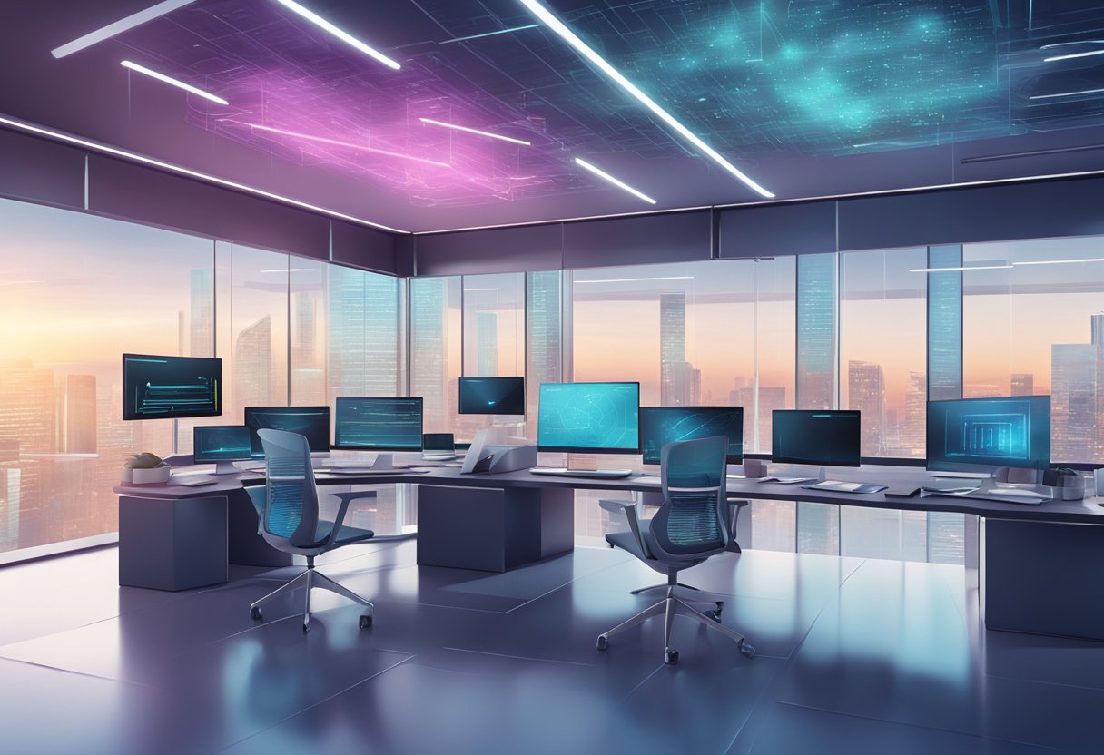 A sleek, futuristic office space with advanced computer systems and digital screens displaying real-time data on financial assets