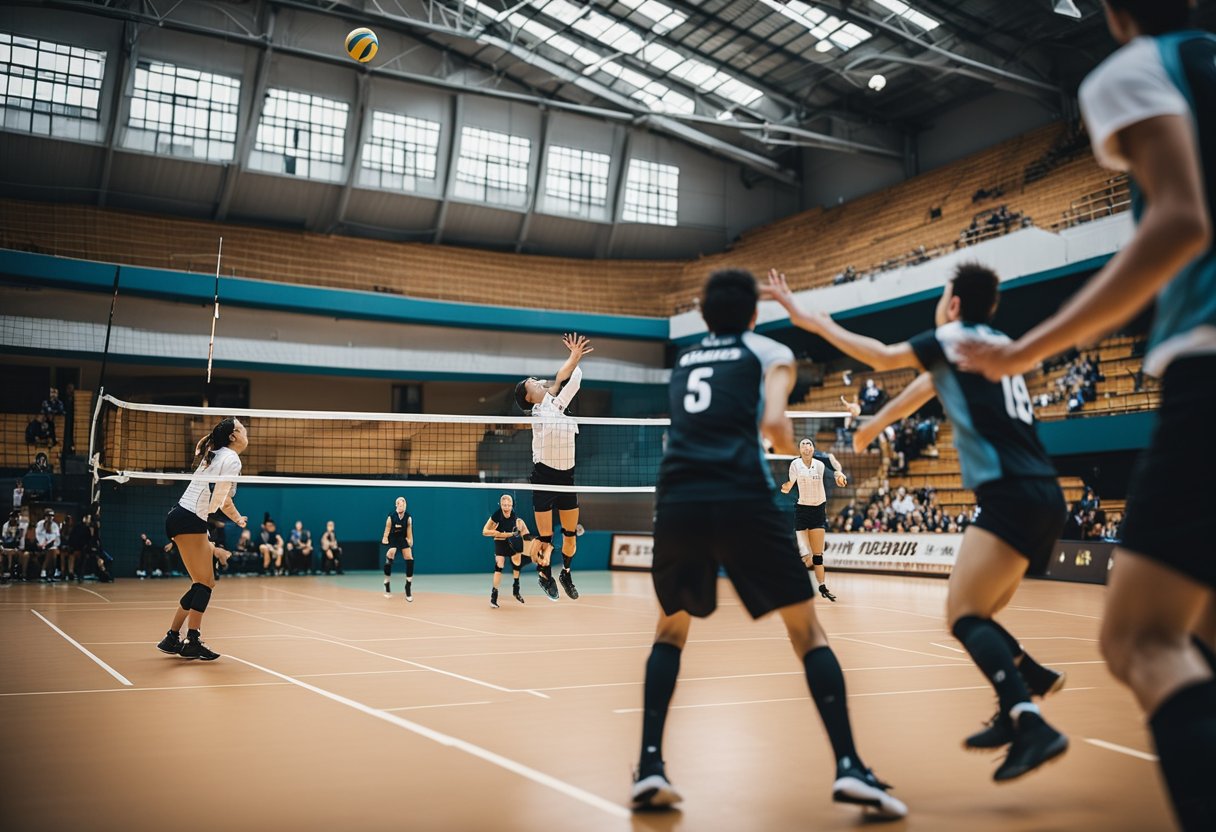 A volleyball in mid-air, about to be set by a player, with other players positioned around the court