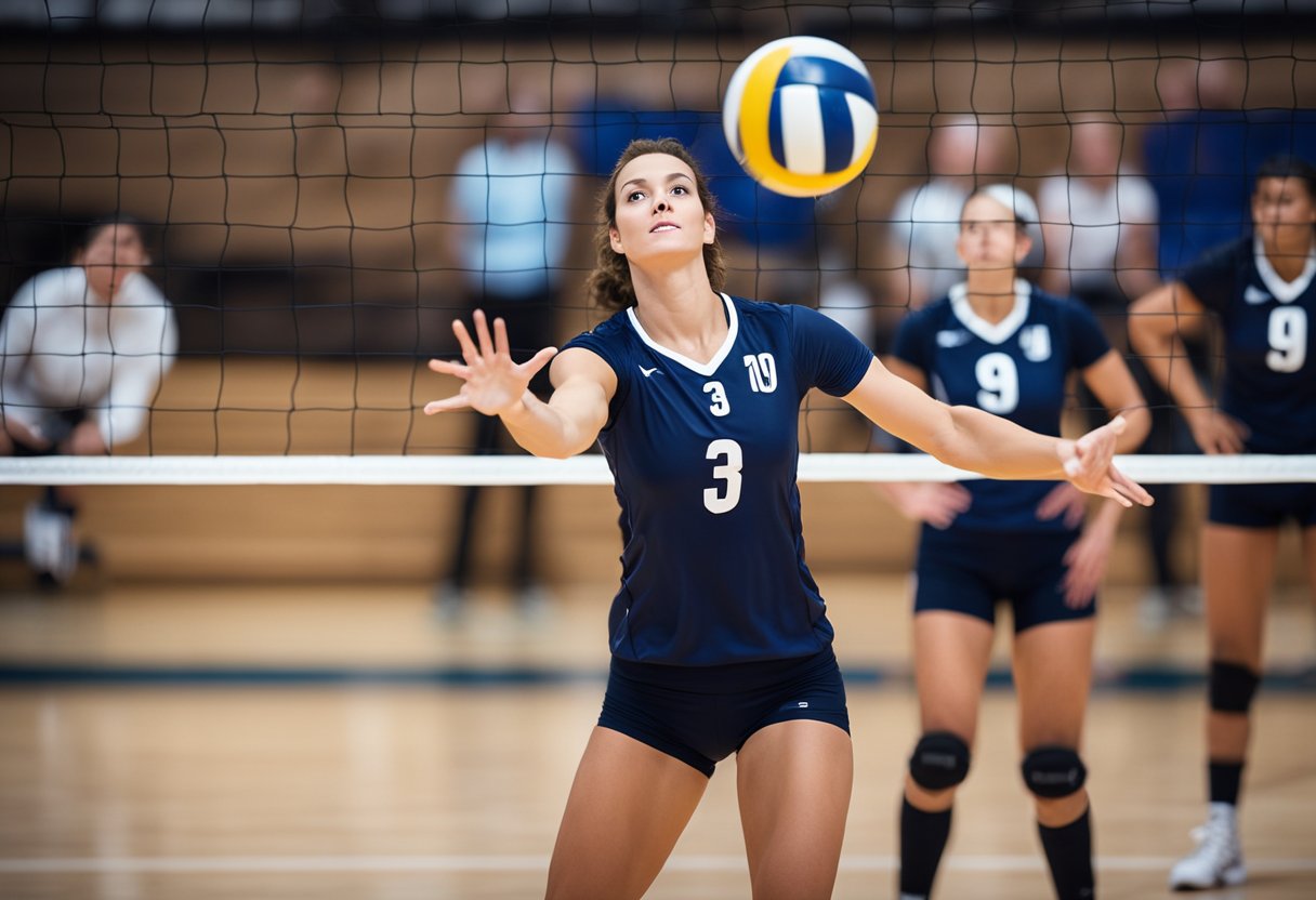 A volleyball setter prepares to receive and set the ball with outstretched arms, ready to deliver a precise and accurate pass to a teammate