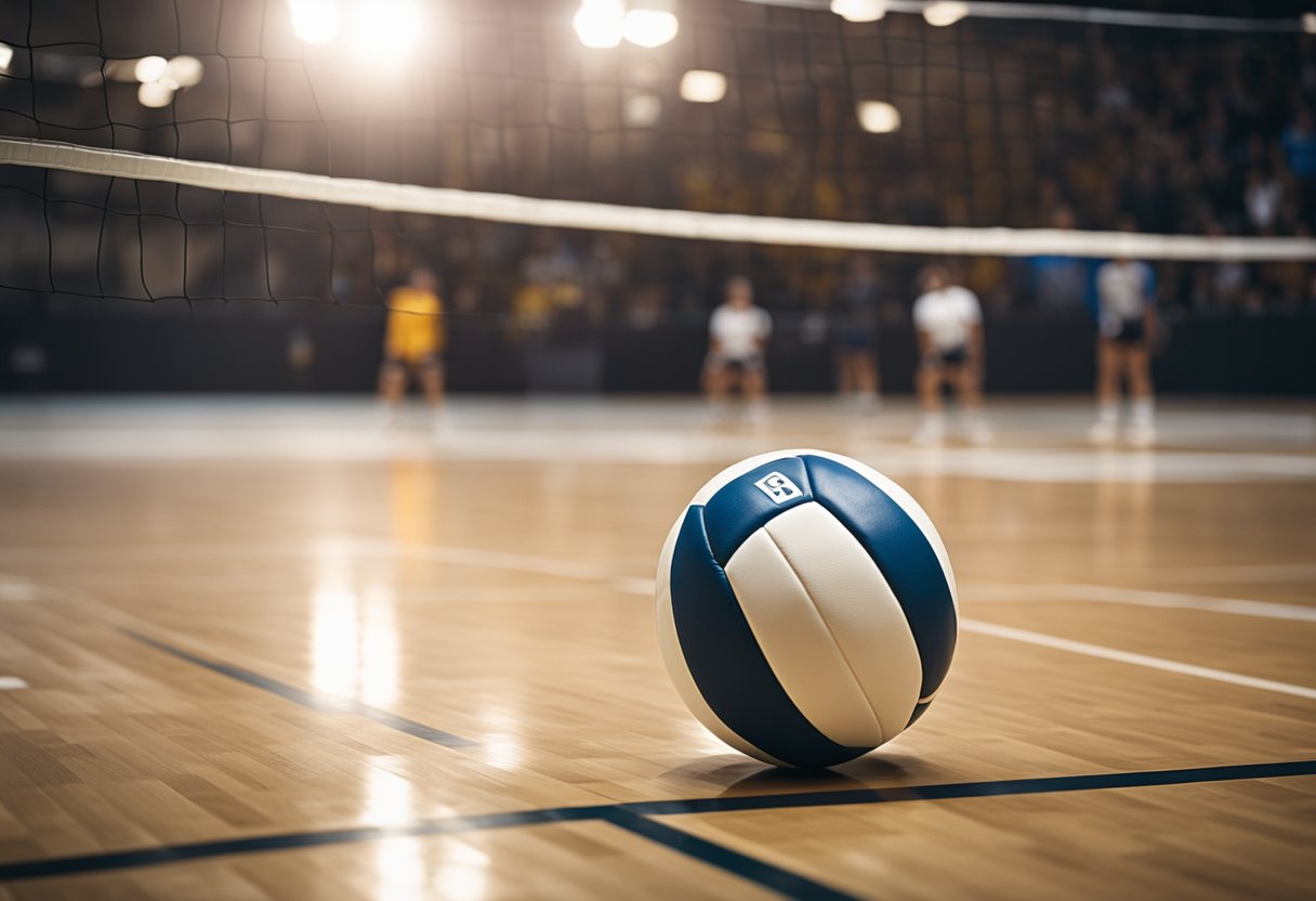 A volleyball sits on the centerline, ready to be set. The net stretches across the court, and players await the next play