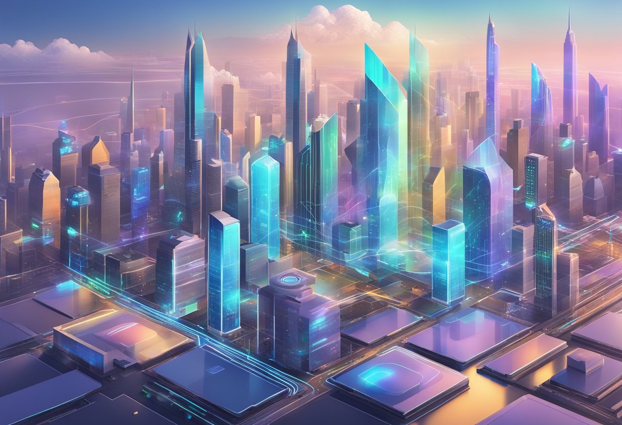 A futuristic city skyline with holographic investment graphs and digital asset management platforms