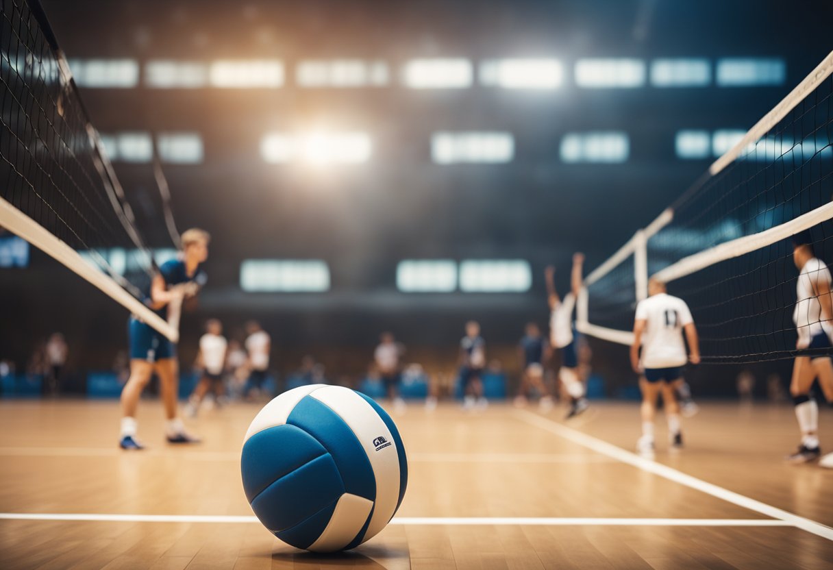 A volleyball court with a player in a setting position, ready to receive the ball