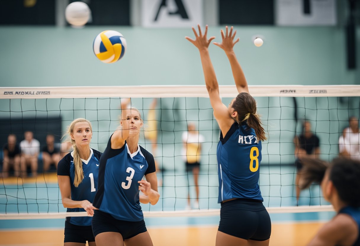 A volleyball setter prepares to deliver a precise pass, standing with arms extended and eyes focused on the ball