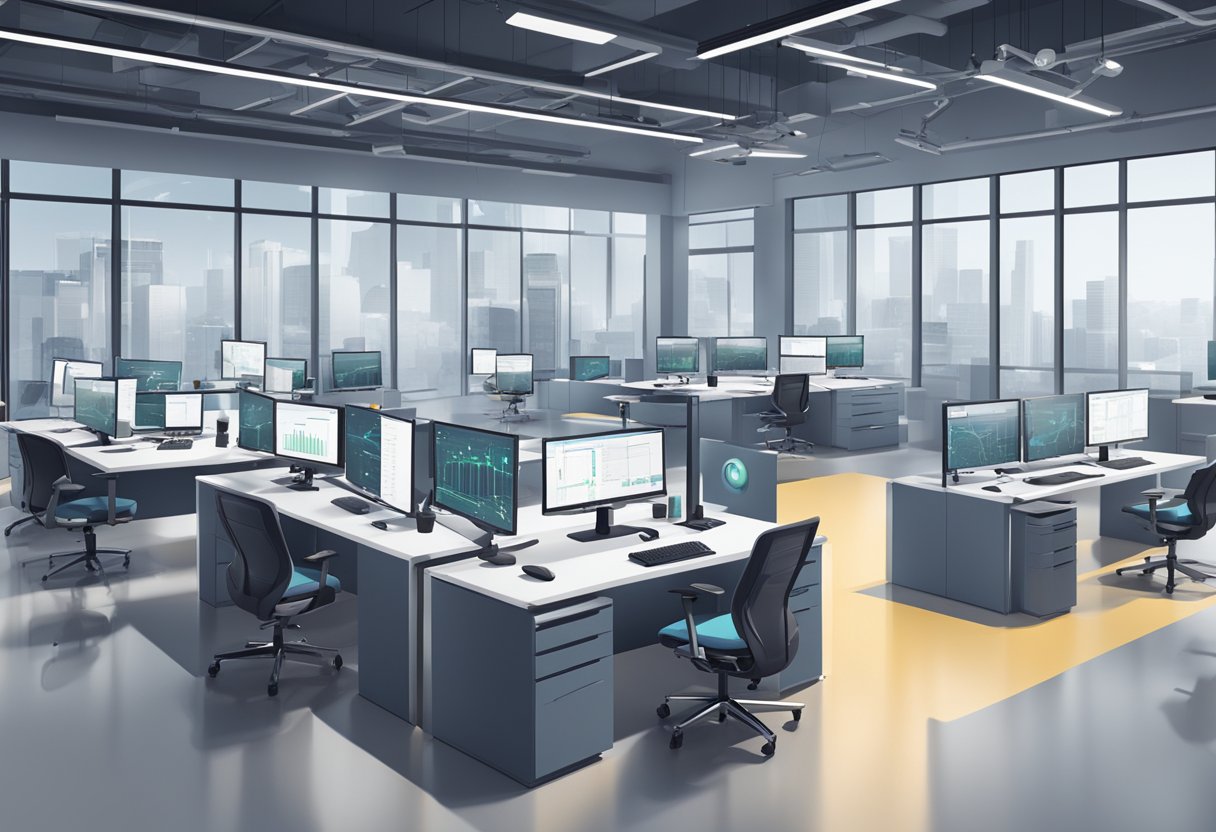 A modern office setting with digital screens displaying real-time asset data. Robotic arms and drones are seen managing physical assets