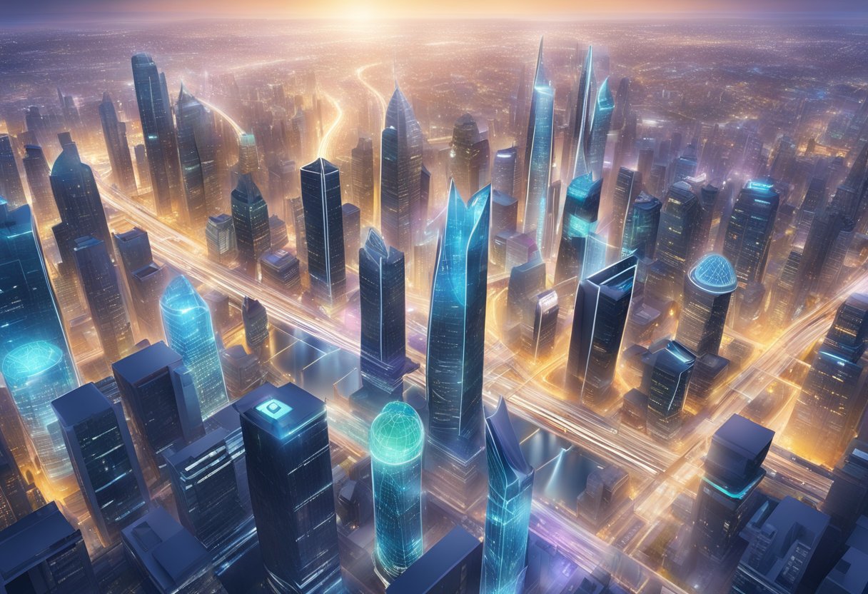 A futuristic city skyline with digital asset management systems integrated into the architecture. Cutting-edge technology and data streams visible throughout the scene