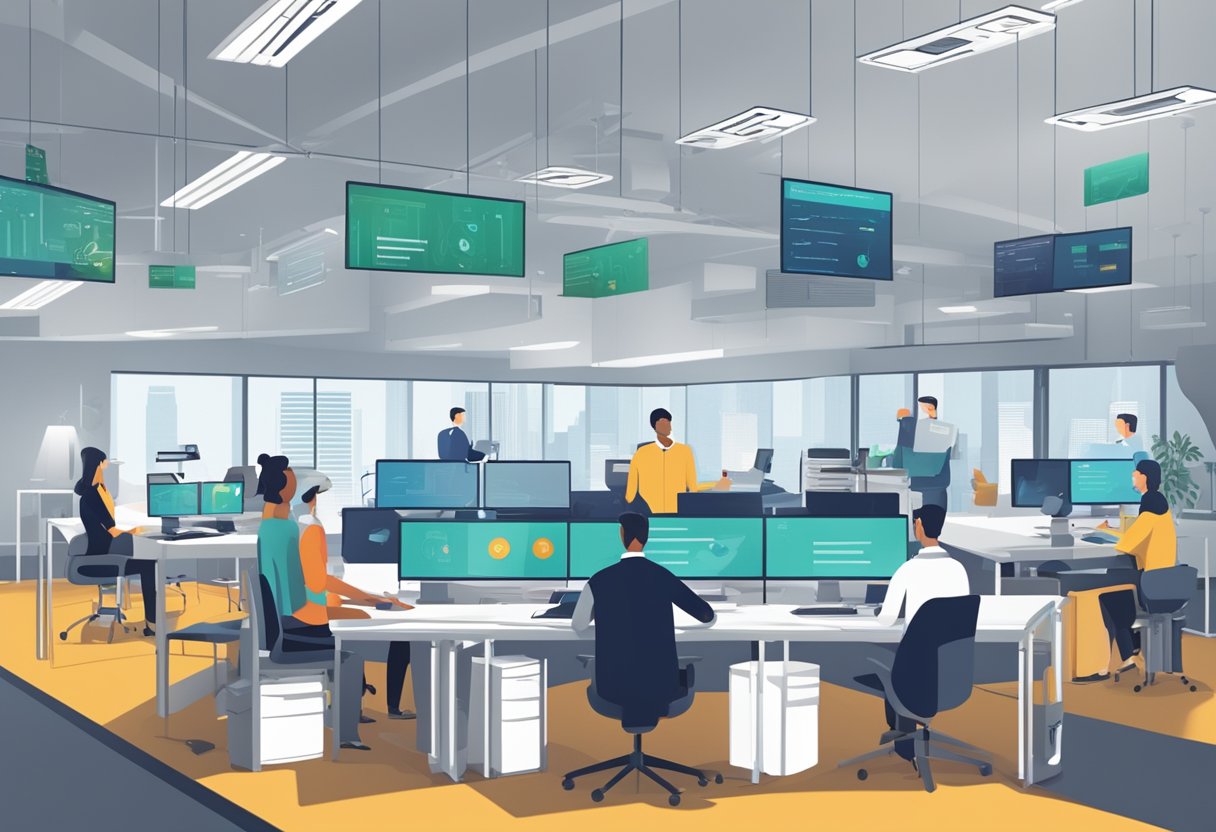 A modern office setting with people at computer desks, screens displaying innovative asset management technology, and a banner reading "Frequently Asked Questions Technological Innovations in Asset Management"
