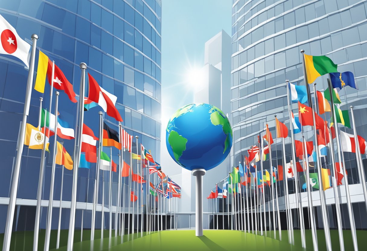 A group of world flags flying outside a modern office building, with a globe and financial charts in the background