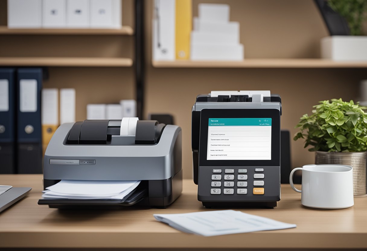 A label maker sits on a clean desk, organizing files, folders, and office supplies. Labeled shelves and containers create a tidy home office space