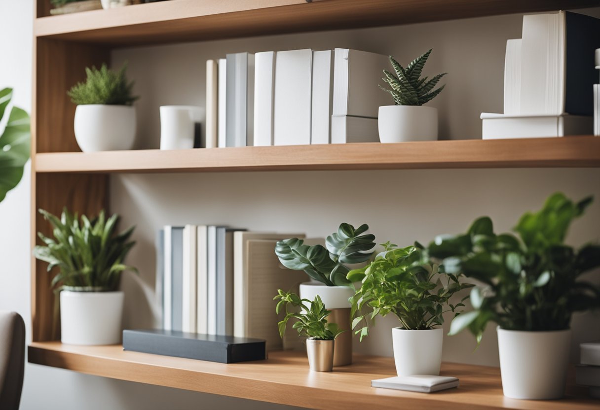 Floating shelves are being installed in a tidy home office. Books, plants, and office supplies are neatly organized on the shelves