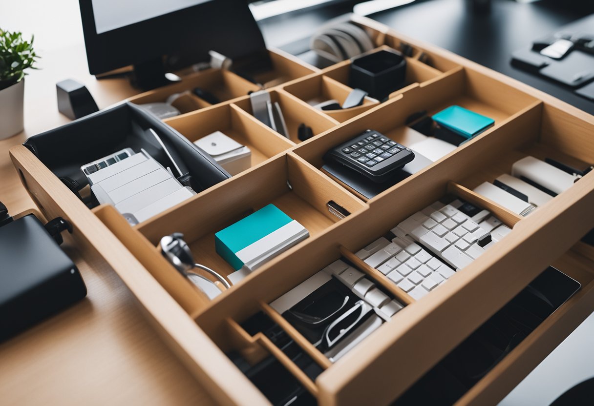 Desk drawer organizers neatly arranged with various office supplies. Labels on each organizer. A tidy home office with a clutter-free desk