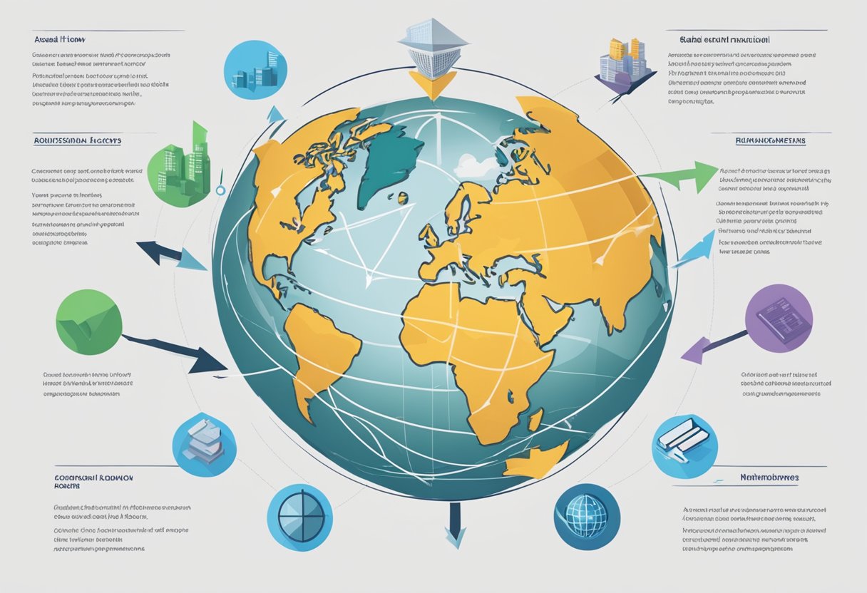 A globe surrounded by financial regulations and risk management frameworks, with arrows representing global asset flows