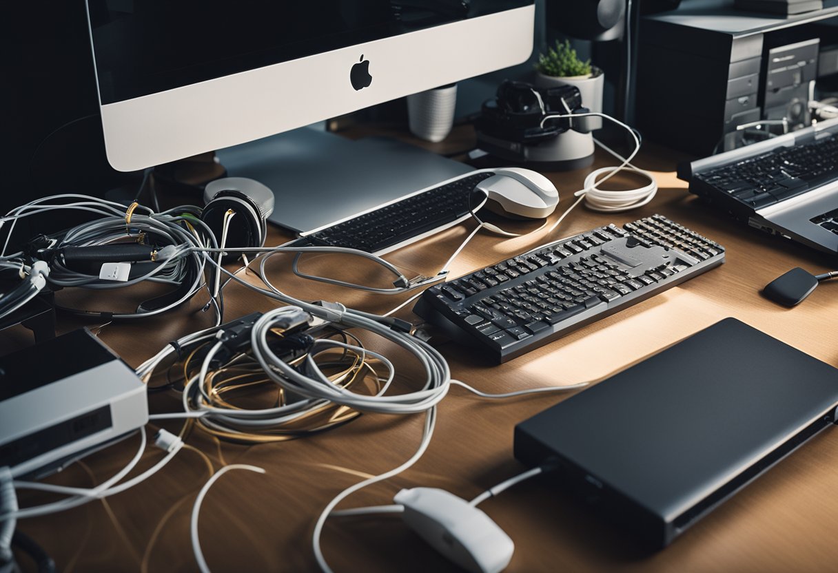 A cluttered desk with tangled cables, a cable management box neatly organizing wires, a labeled power strip, a coiled cable, and a tidy home office space