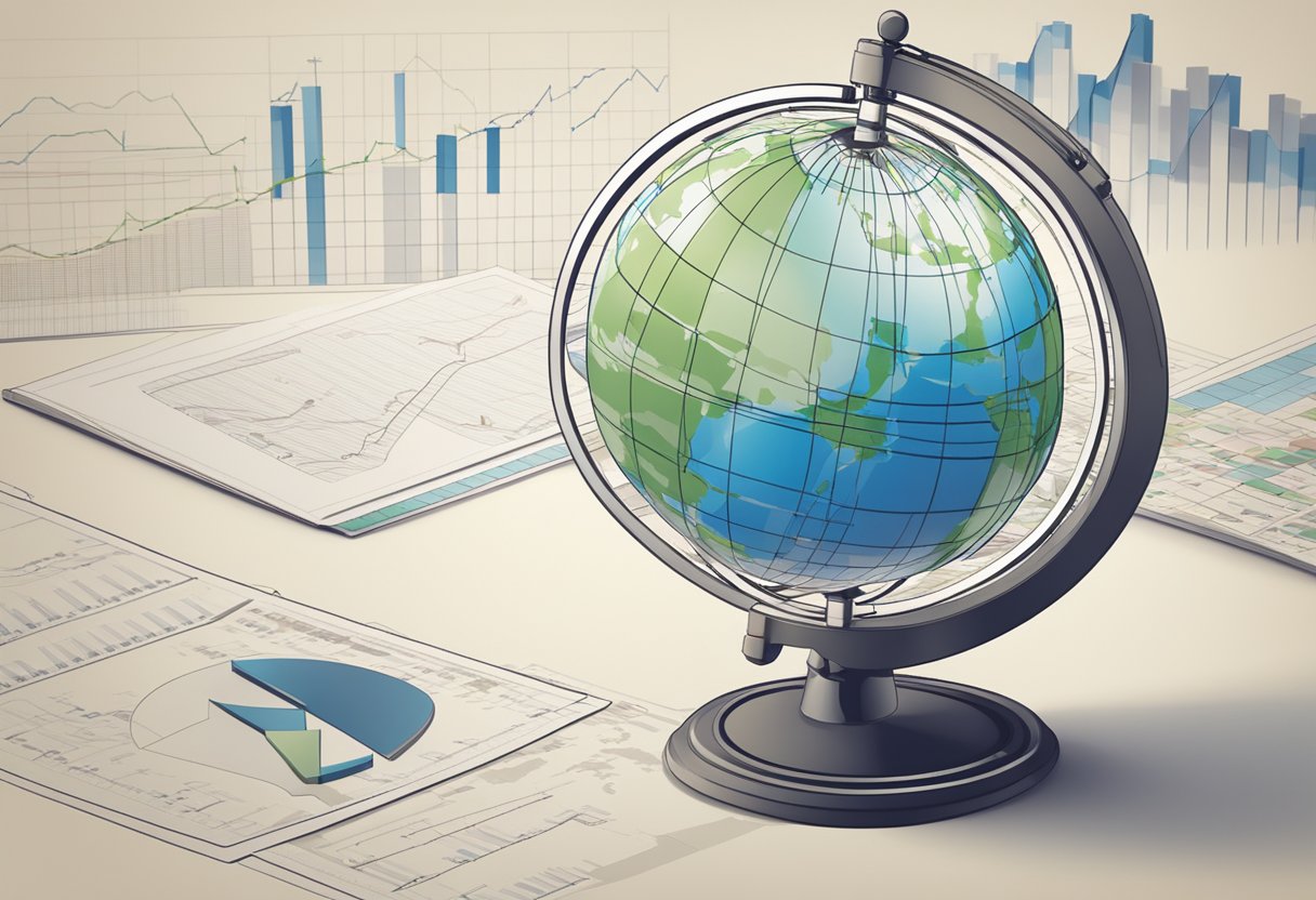 A globe surrounded by financial charts and graphs, with a spotlight on new regulations