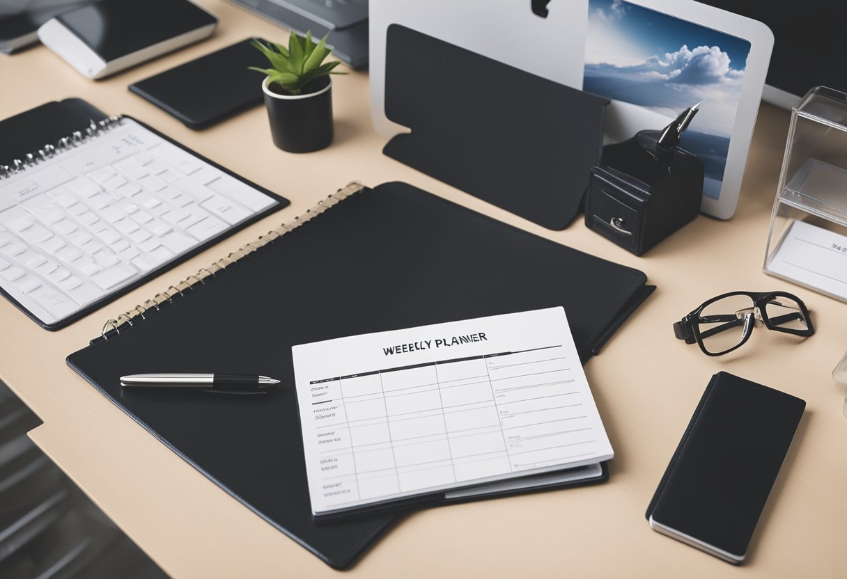 A clean desk with labeled folders, a labeled weekly planner pad, a neatly arranged set of office supplies, a labeled inbox tray, and a labeled outbox tray