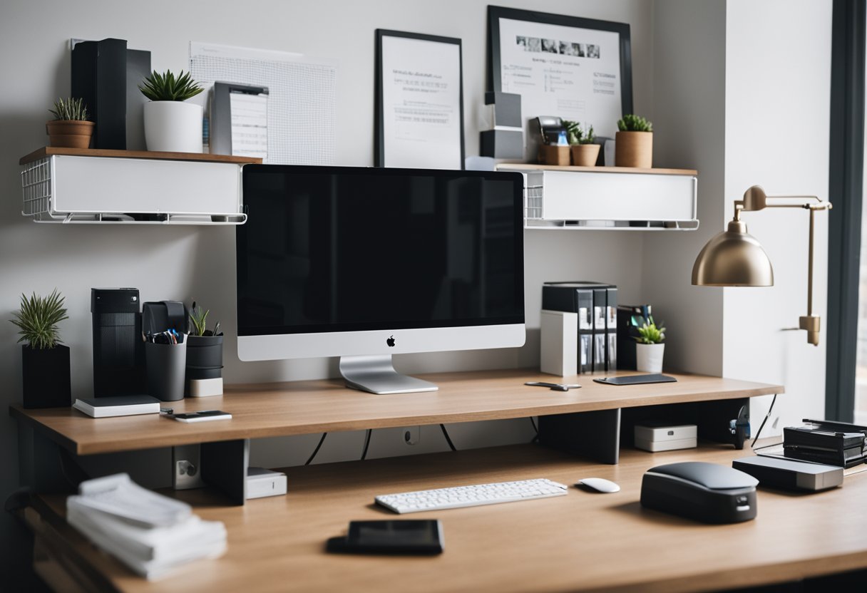 A tidy home office with organized desk, labeled storage bins, neatly arranged cables, and a clutter-free workspace